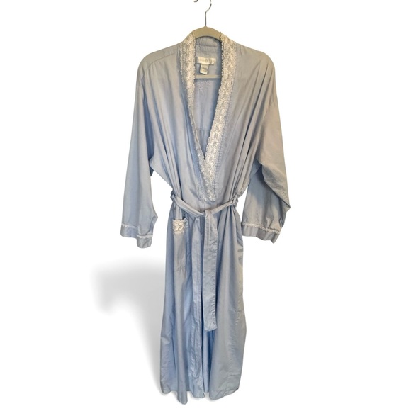 EILEEN WEST Comfortable Light Blue Lace Trim Cotton Belted Robe Size XL - Picture 1 of 11